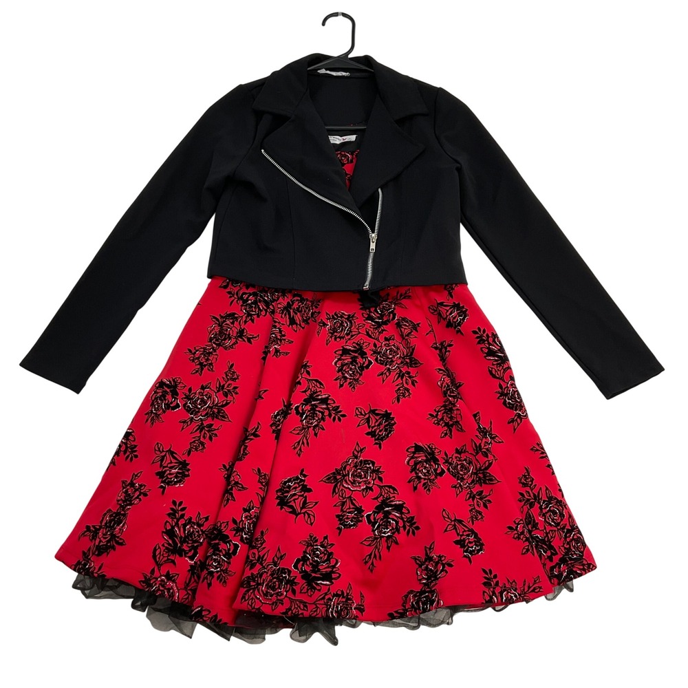 Knit Works Girls Red Black Floral Glitter Dress & Moto Jacket Set‎ Size 14